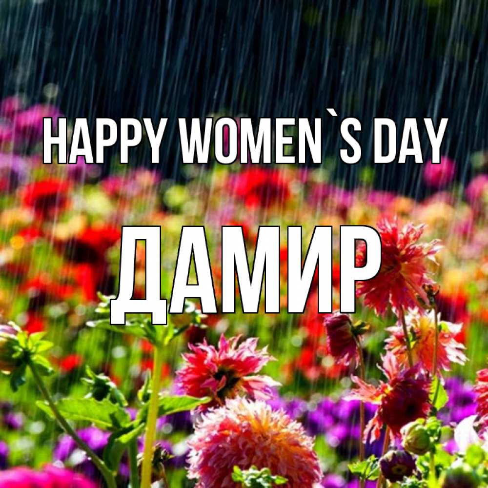 Greetings card с именем, Дамир happy women`s day цветы под дождиком к международному женскому дню Greetings with text for free download 